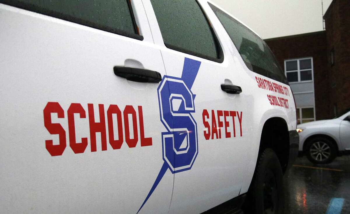 A district safety officer's vehicle is parked outside Saratoga Springs High School during the Saratoga Springs School District's Board of Education meeting Tuesday, October 23, 2018. (Ed Burke photo-Special to The Times Union)
