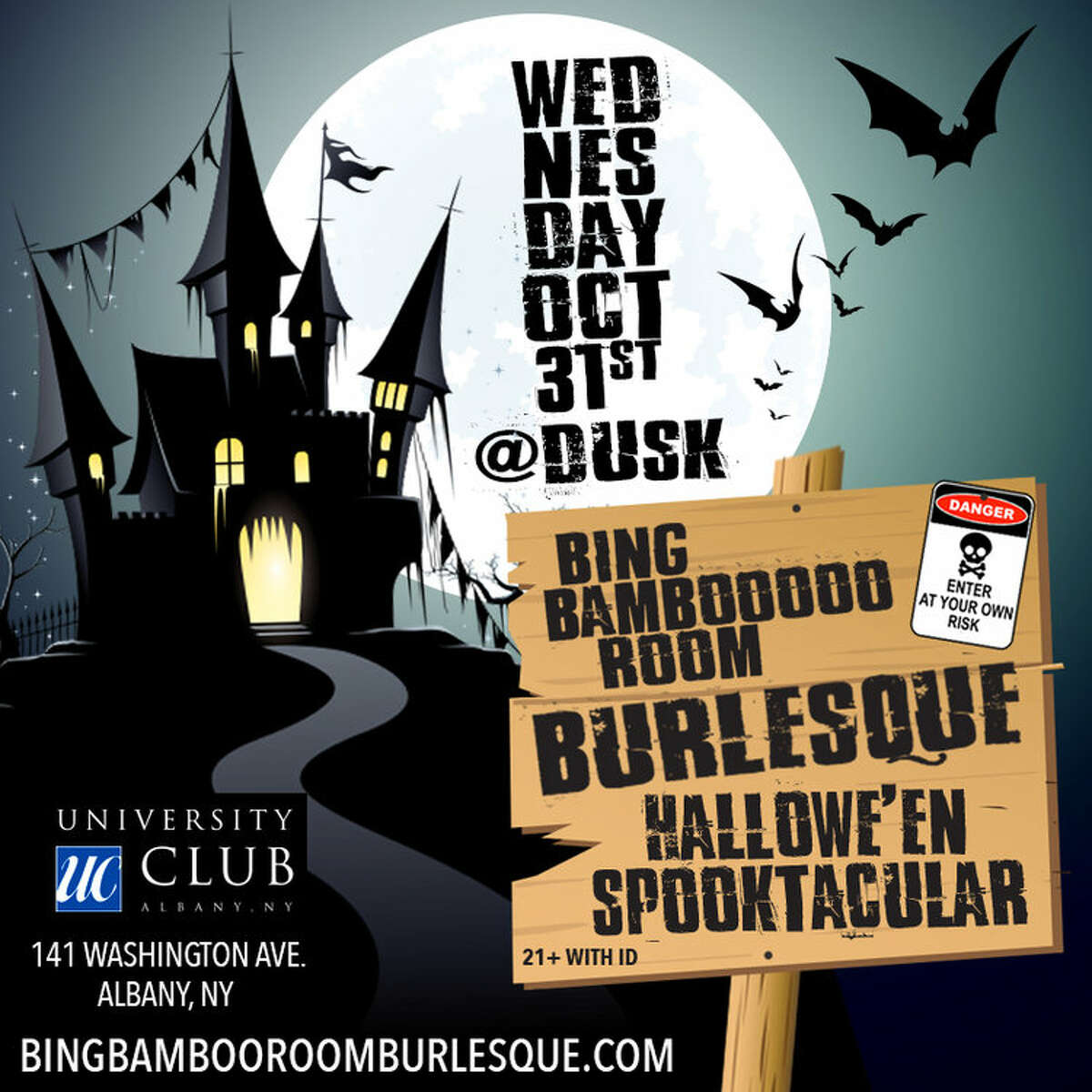 Bing Bambooooo Room Hallowe'en Spooktacular Burlesque Show When: Wednesday, Oct. 31. What: A dress-up, dress-down Halloween-night blow-out, complete with "groovy ghoulie burlesque" and costume contest. Where: The University Club, 141 Washington Ave, Albany. Get the details. 