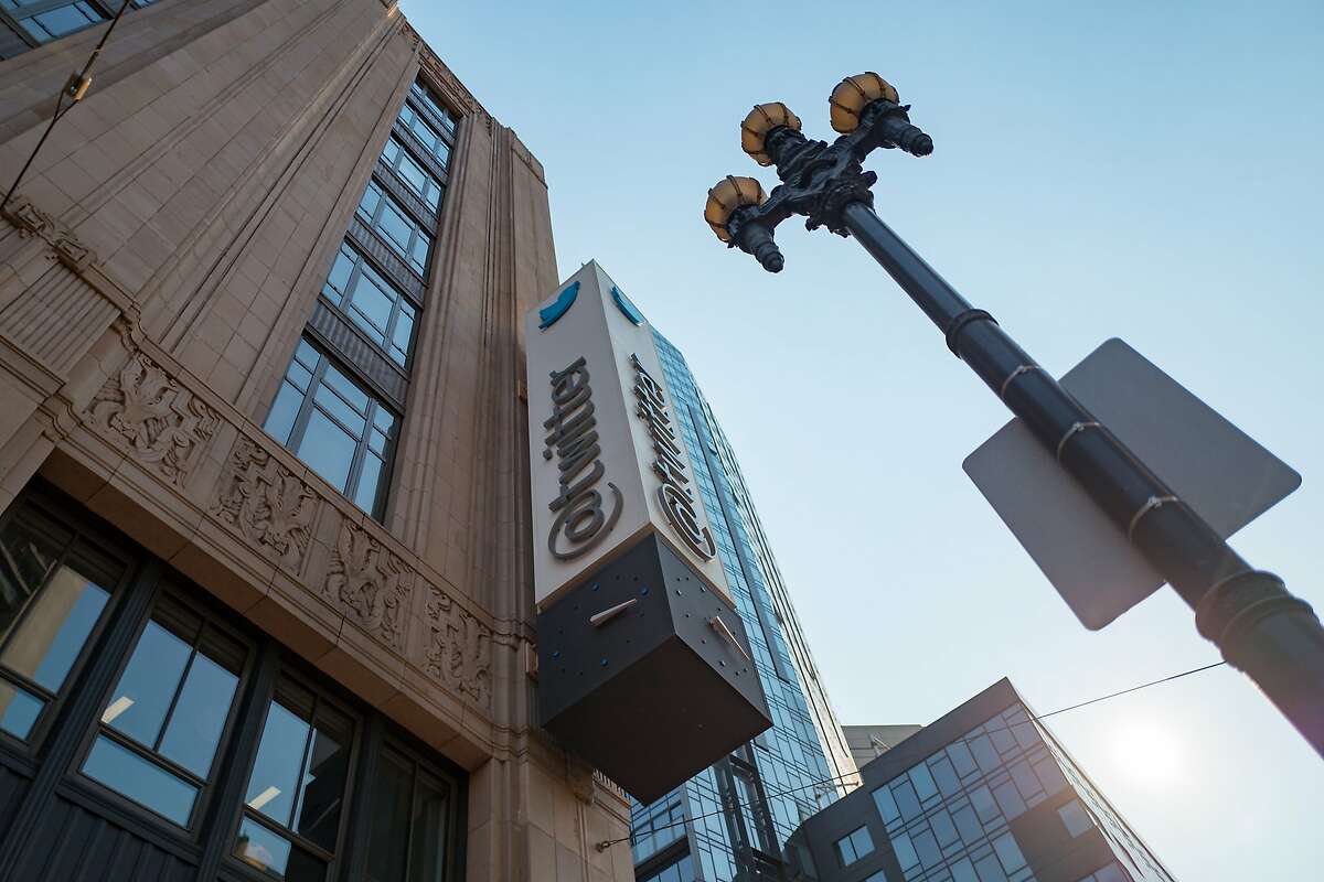 Low-angle view of sign with logo on the facade of the headquarters of social network Twitter in the South of Market (SoMa) neighborhood of San Francisco, California, October 13, 2017. SoMa is known for having one of the highest concentrations of technology companies and startups of any region worldwide. (Photo by Smith Collection/Gado/Getty Images)