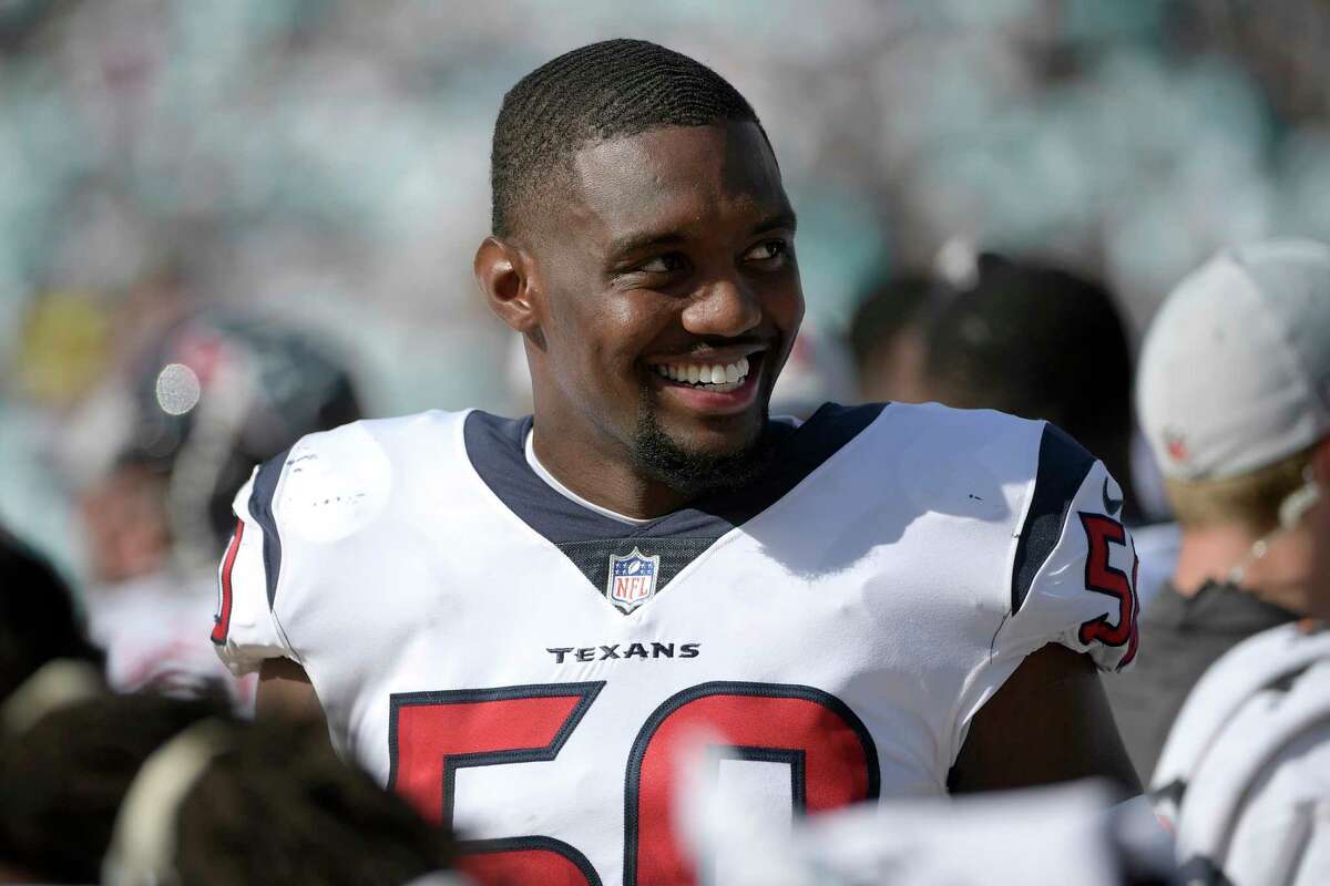 Houston Texans linebacker Tyrell Adams (50) watches from the sideline during the second half of an NFL football game against the Jacksonville Jaguars Sunday, Oct. 21, 2018, in Jacksonville, Fla. The Texans won 20-7. (AP Photo/Phelan M. Ebenhack)
