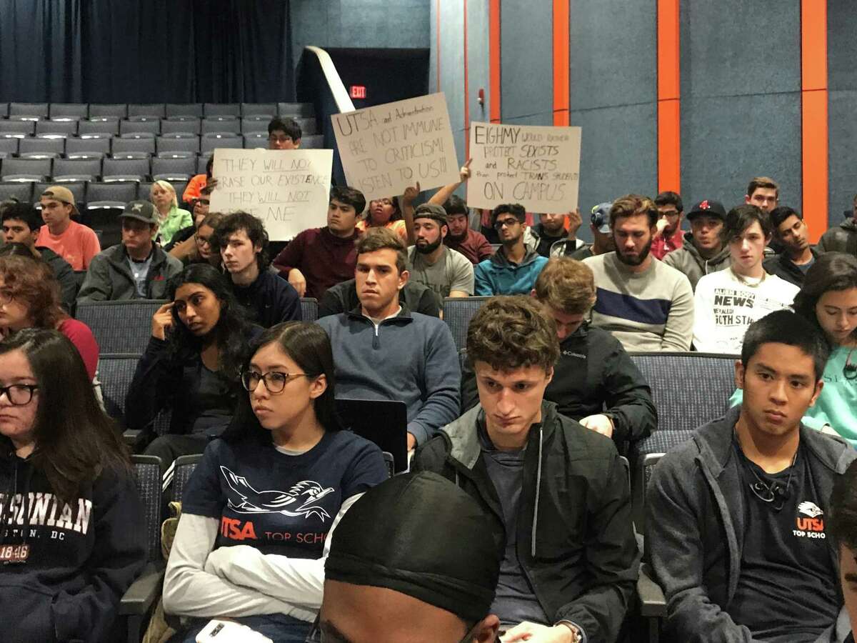 Students at a UTSA forum on free expression include some who were critical of the university’s handling of hate speech incidents.