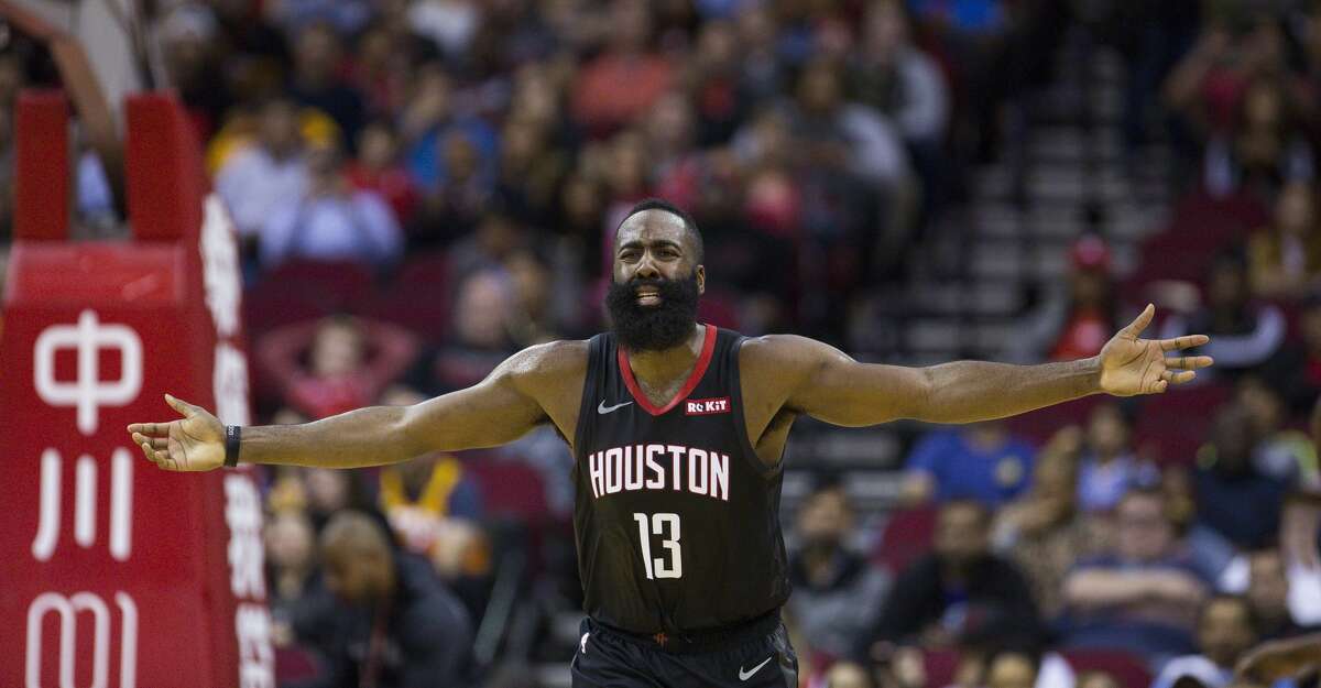 Houston Rockets guard James Harden (13) reacts to the lack of a foul call after a shot during the first half of an NBA basketball game between the Houston Rockets and Utah Jazz, Wednesday, Oct. 24, 2018 in Houston.