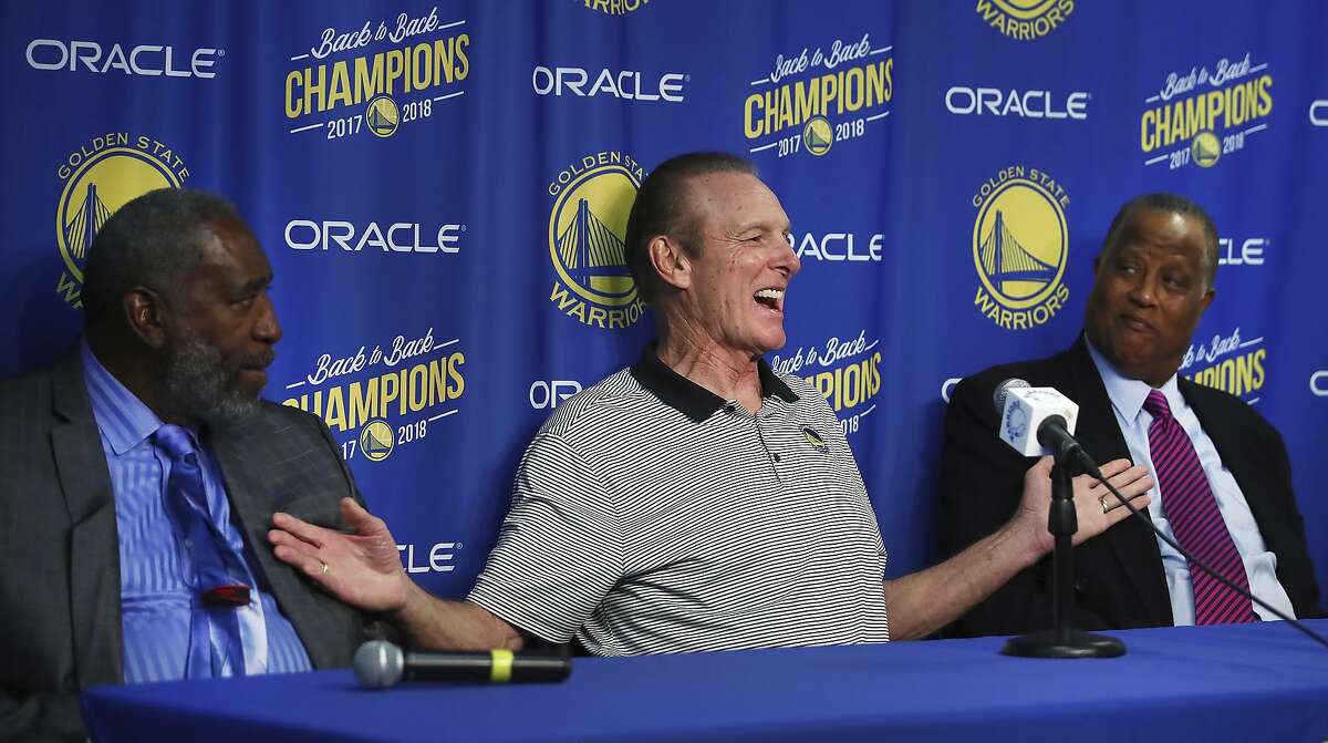 Rick Barry (center), joined by former teammates Clifford Ray (right) and Jamaal Wilkes, appears at a media conference celebrating the 1975 Warriors NBA Championship Team on Oct. 24, 2018, in Oakland.