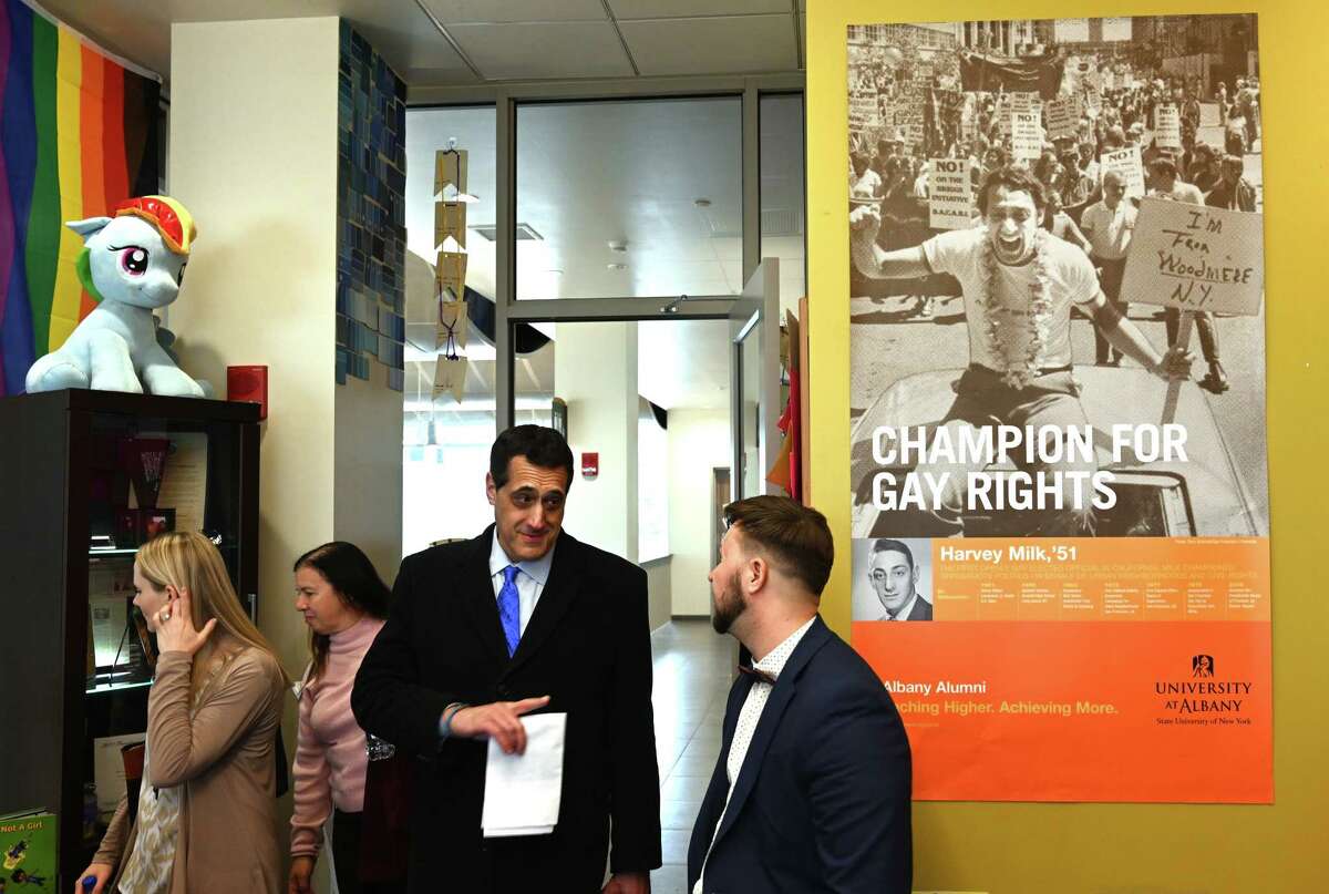 Stuart Milk, nephew of gay rights activist Harvey Milk,, center, tours the University at Albany Campus and steps in to the Gender and Sexuality Resource Center Thursday Oct.25, 2018 in Albany, N.Y. (Skip Dickstein/Times Union)