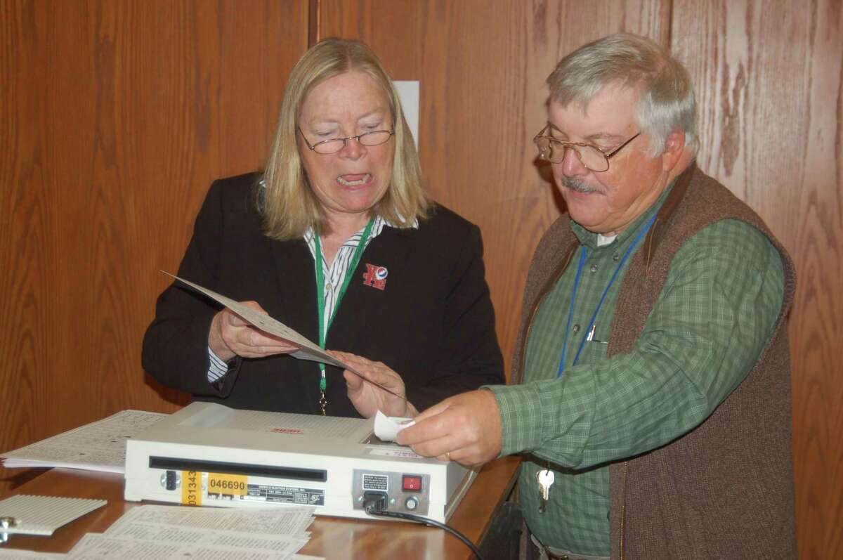 Soon to be Democratic Registrar of Voters Mary Hegarty was on hand to oversee the machines testing as well as two machines for each district were tested for their mechanics and had their cards reset with the proper times in preparation for Nov. 6?’s election. Hegarty was helped by outgoing Democratic Registrar Michael Aurelia as they fed in the sample ballots and checked the count and made sure every machine operated well.