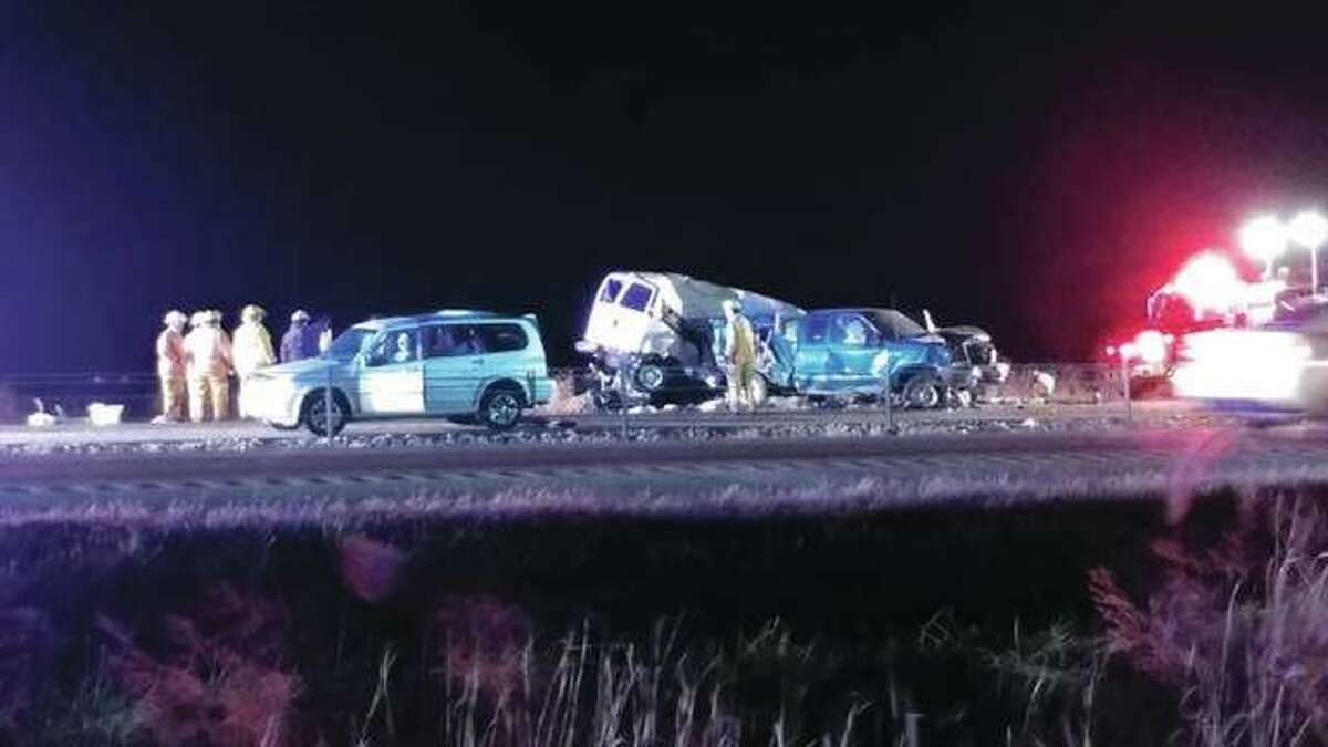 In this file photo, vehicles sit smashed after a tractor-trailer crashed into seven vehicles last November on Interstate 55 near Hamel.