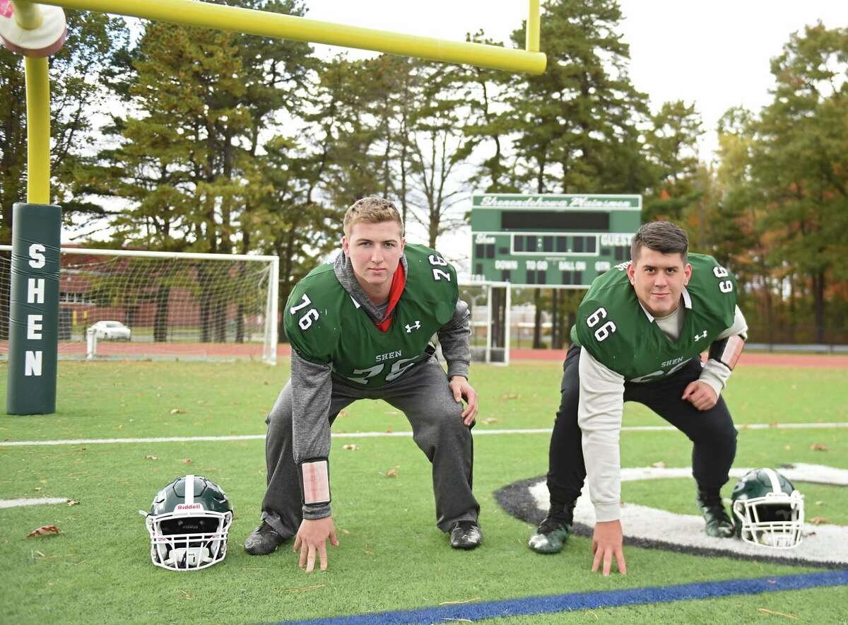 Shenendehowa lineman Andy Weyrauch, left, and Dylan Blowers at football practice on Thursday, Oct. 25, 2018 in Clifton Park, N.Y. (Lori Van Buren/Times Union)
