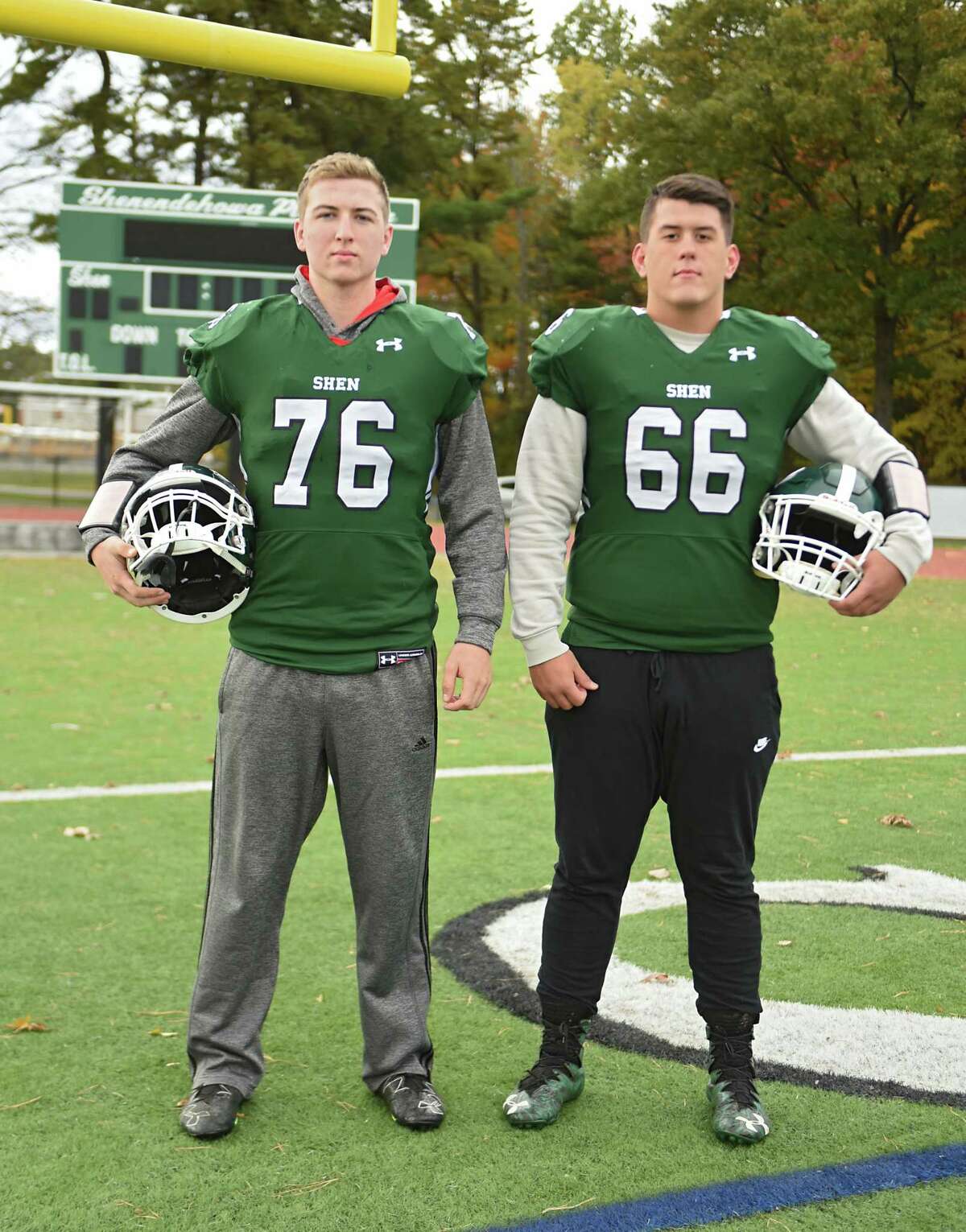 Shenendehowa lineman Andy Weyrauch, left, and Dylan Blowers at football practice on Thursday, Oct. 25, 2018 in Clifton Park, N.Y. (Lori Van Buren/Times Union)