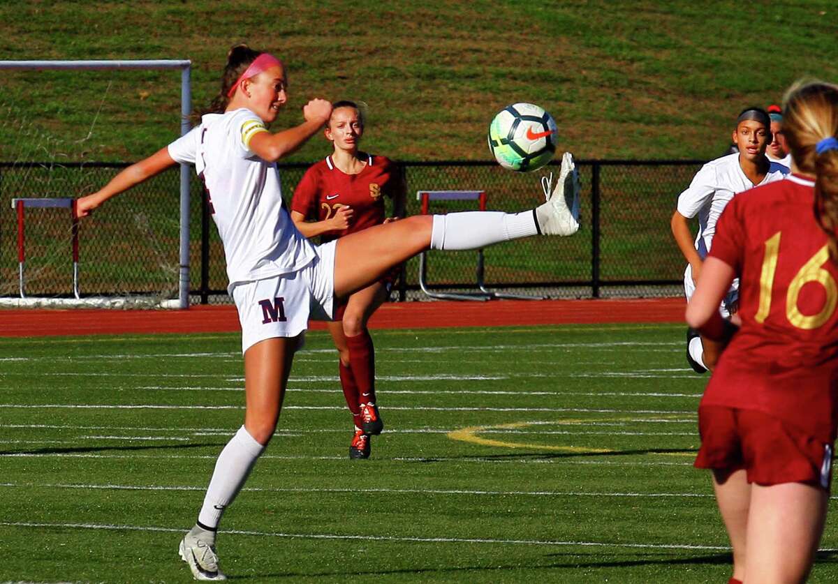 Girls high school soccer action between St. Joseph and Brien McMahon in Trumbull, Conn., on Thursday Oct. 25, 2018.