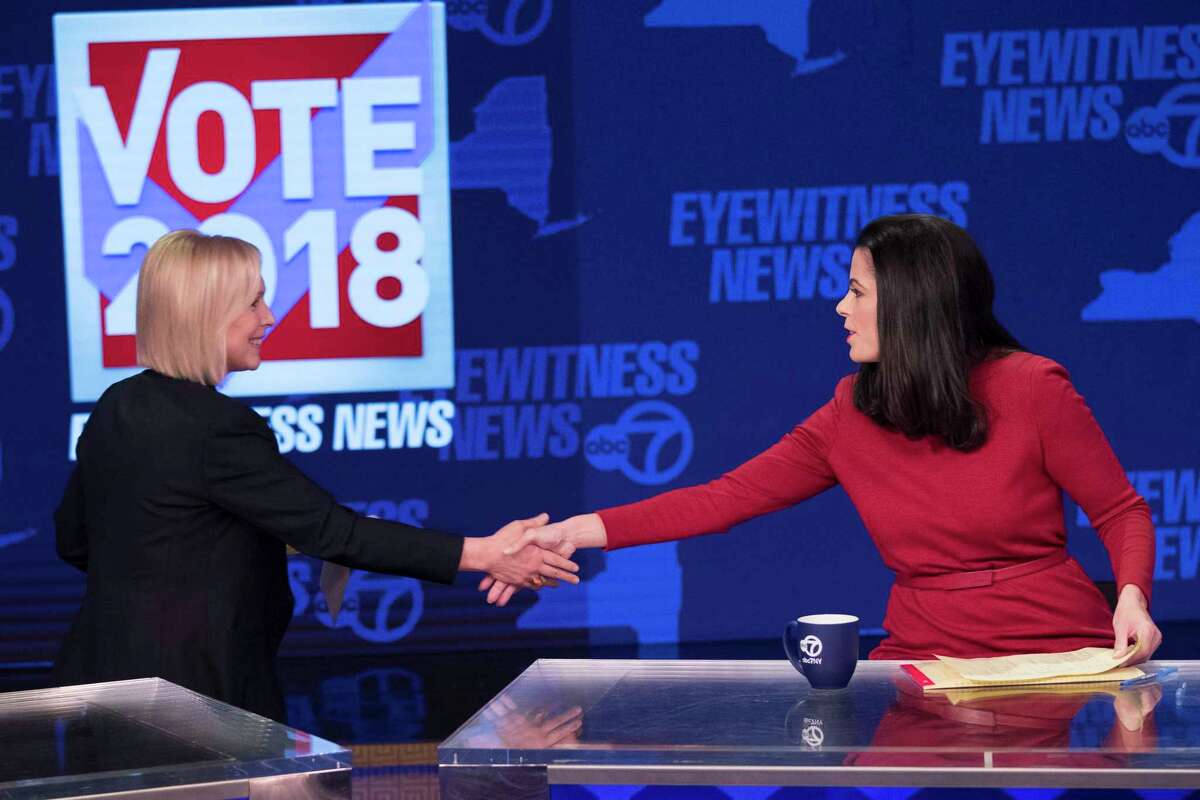 Sen. Kirsten Gillibrand, D-N.Y., left, and Republican candidate Chele Farley shake hands after the New York State Senate debate hosted by WABC-TV, Thursday, Oct. 25, 2018 in New York. (AP Photo/Mary Altaffer, Pool)