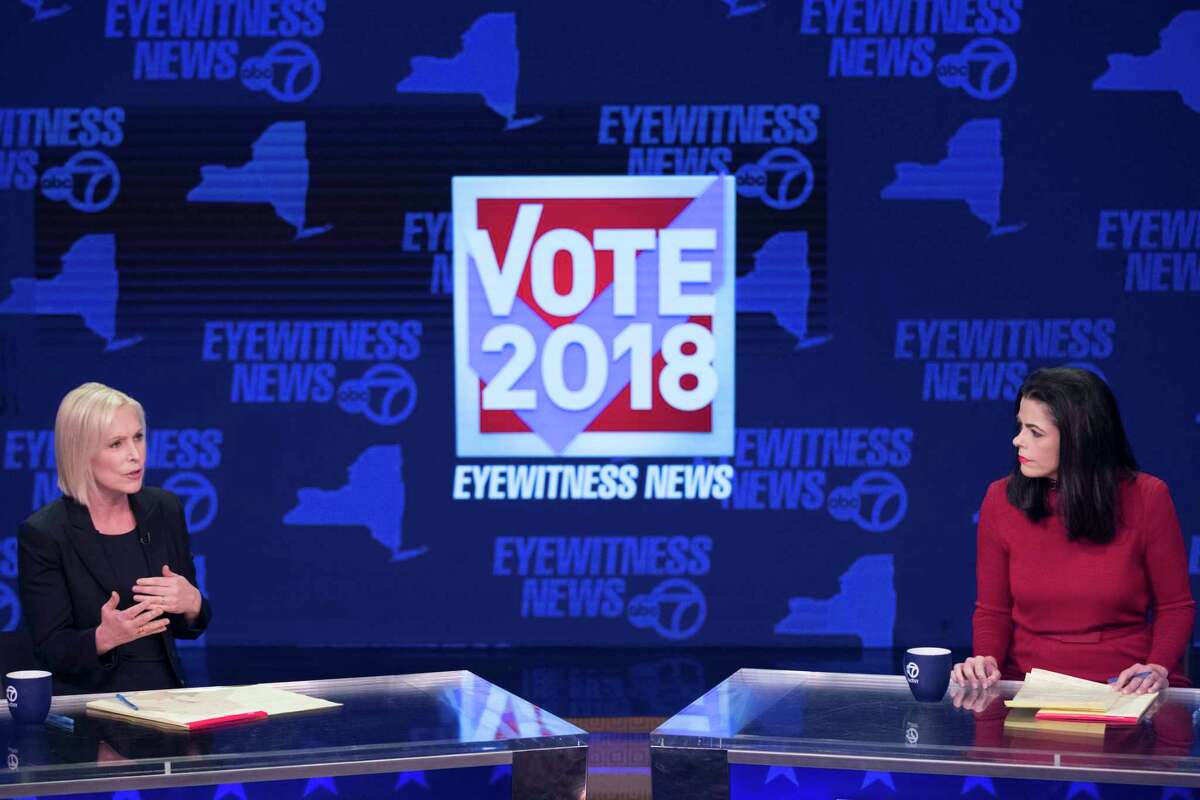 Sen. Kirsten Gillibrand, D-N.Y., left, and Republican candidate Chele Farley spar during the New York State Senate debate hosted by WABC-TV, Thursday, Oct. 25, 2018 in New York. (AP Photo/Mary Altaffer, Pool)