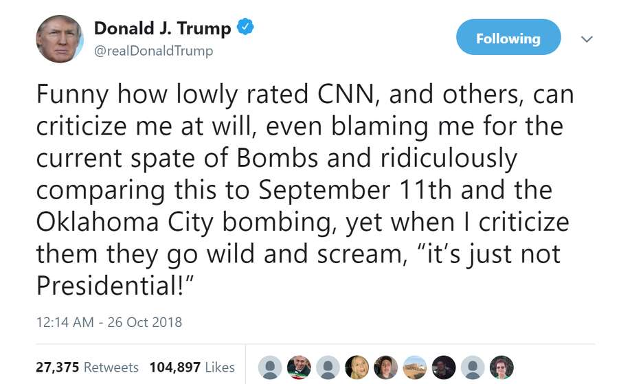 Image result for trump tweets about mail bombs blames media