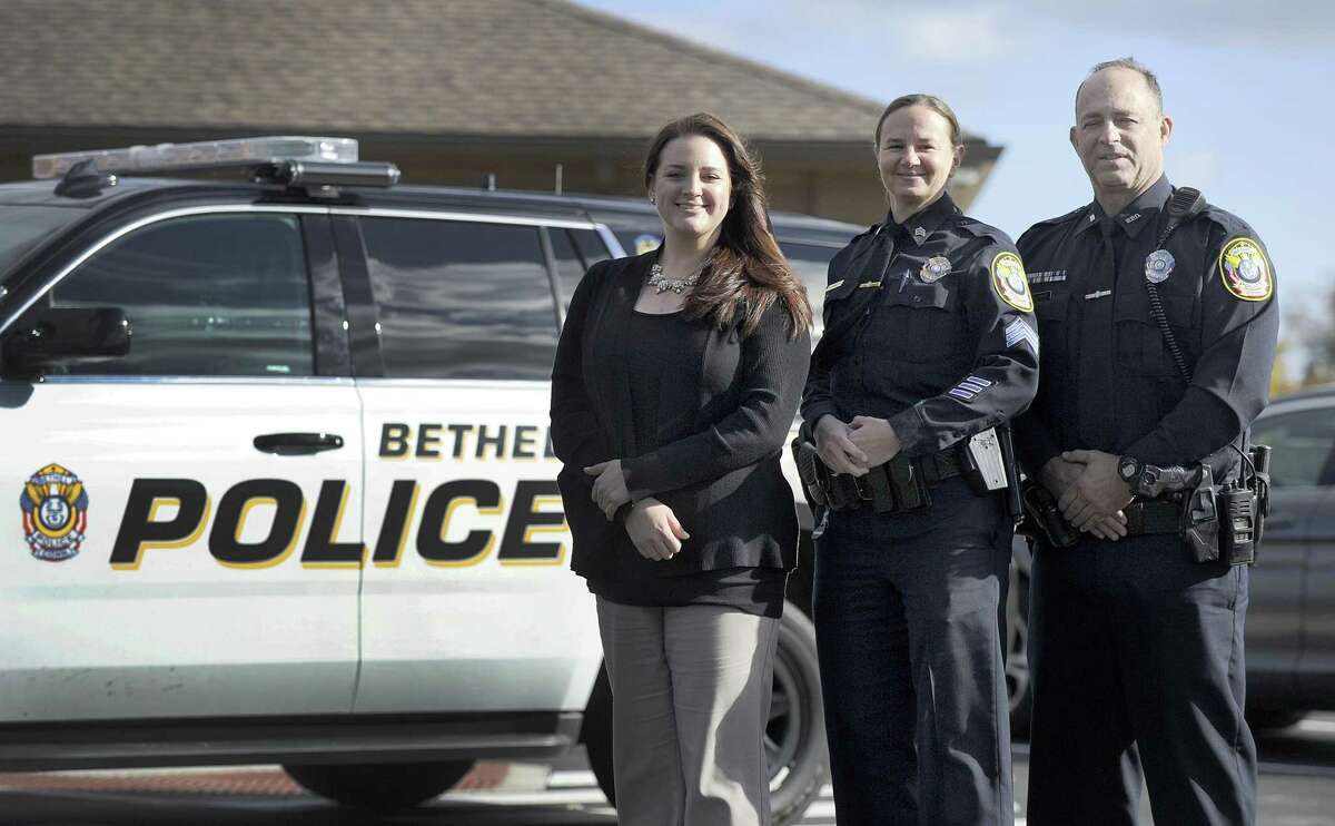 From left Bethel Police Sgt. Courtney Whaley, Lt. Heather Burnes and Sgt. Vincent Lajoie, Thursday, Oct. 25, 2018. The three have recently been promoted.