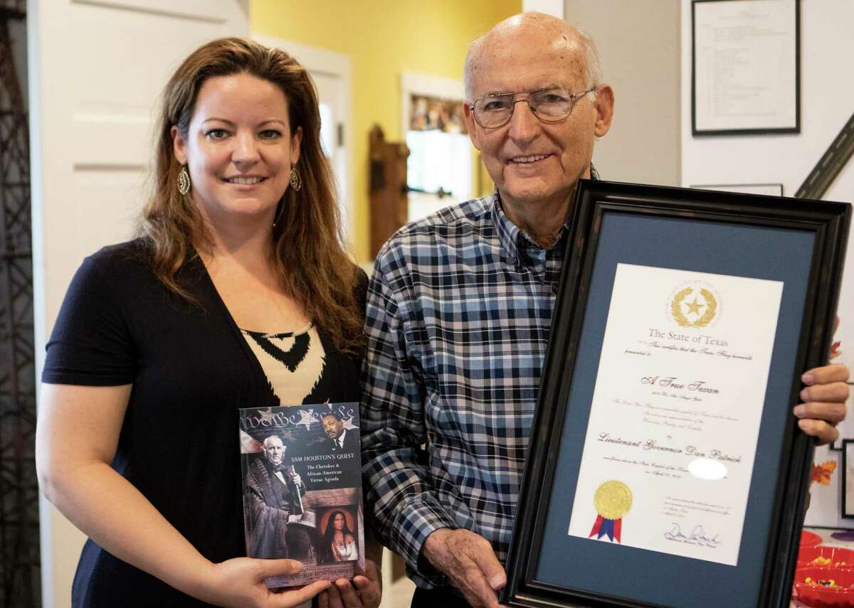 County historian Robin Montgomery and co-auther/daughter Joy Montgomery hold their newest book “Sam Houston’s Quest: The Cherokee and African-American Virtue Agenda” and a certificate signed by Lt. Gov. Dan Patrick declaring Robin Montgomery a "True Texan" by the Texas State House on Saturday, Oct. 20, 2018 at the Heritage Museum in Conroe. Joy Montgomery, Executive Director at the Heritage Museum of Montgomery County, will participate in a conference at Ellijay, Georgia which will feature representation of both the Cherokee and the Taino at the highest levels.