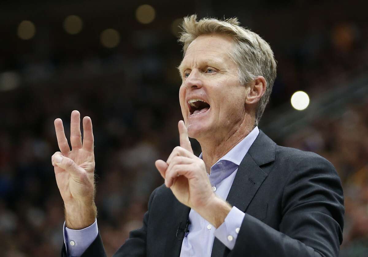 FILE -- Golden State Warriors head coach Steve Kerr shouts to his team in the first half during an NBA basketball game against the Utah Jazz Friday, Oct. 19, 2018, in Salt Lake City.