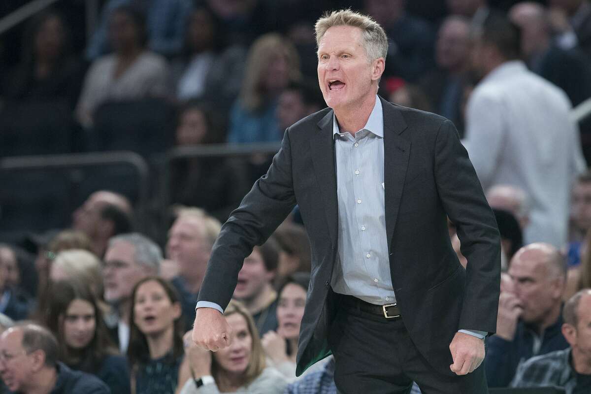 FILE -- Golden State Warriors head coach Steve Kerr reacts during the first half of an NBA basketball game against the New York Knicks, Friday, Oct. 26, 2018, at Madison Square Garden in New York.