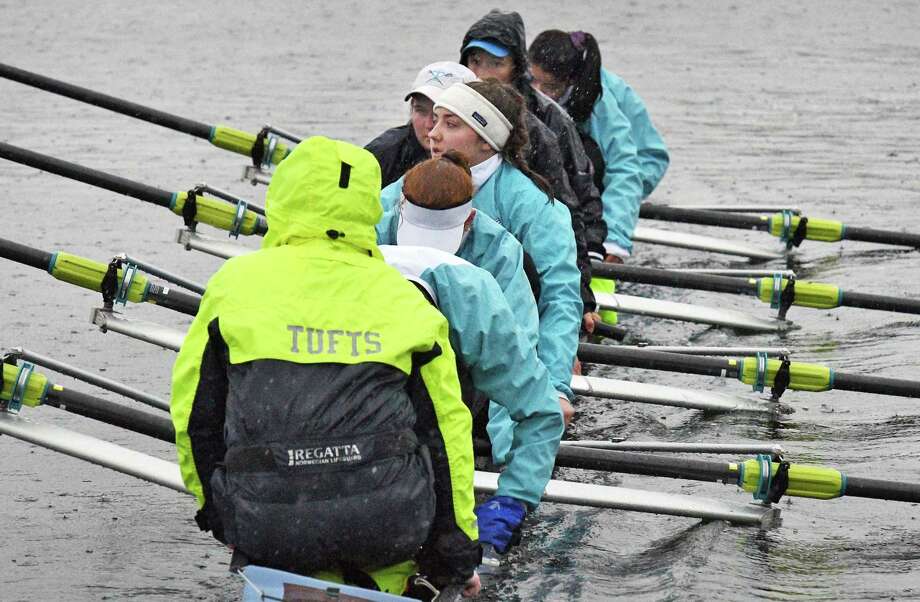 A Tuft's crew heads out for a women's Collegiate 8 race in a pouring rain during the annual Head of the Fish 2018 Head of the Fish regatta Saturday Oct. 27, 2018 in Saratoga Springs, NY.  (John Carl D'Annibale/Times Union) Photo: John Carl D'Annibale / 20045139A