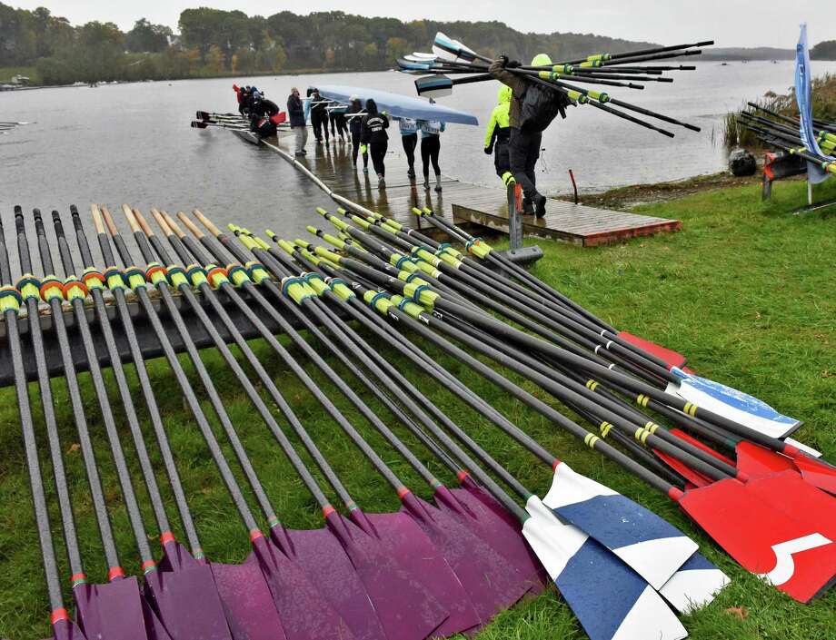 Crews prepare for races in a pouring rain during the annual Head of the Fish 2018 Head of the Fish regatta Saturday Oct. 27, 2018 in Saratoga Springs, NY.  (John Carl D'Annibale/Times Union) Photo: John Carl D'Annibale / 20045139A