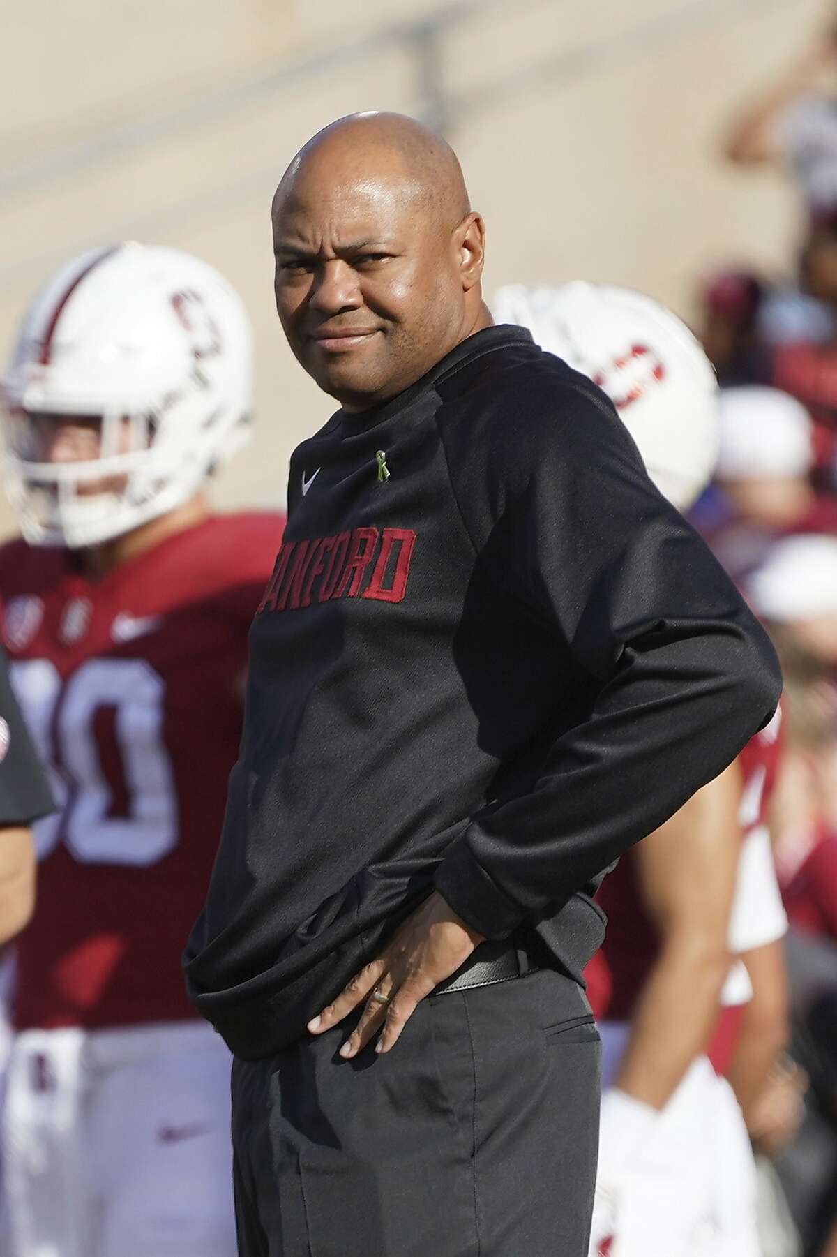 Stanford head coach David Shaw, right, looks towards the bench during warmups against Washington State during an NCAA college football game on Saturday, Oct. 27, 2018, in Stanford, Calif. (AP Photo/Don Feria)