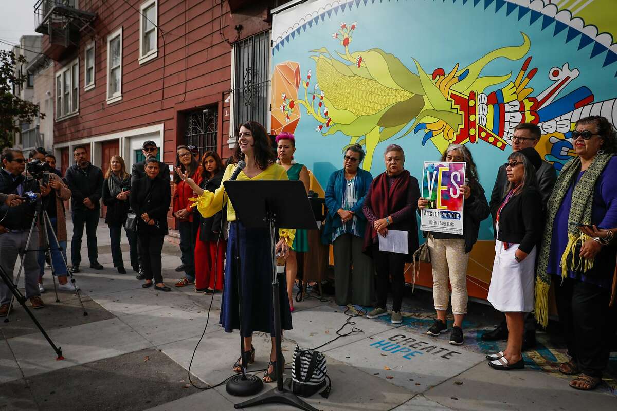 Supervisor Hillary Ronen (center) speaks at a press conference regarding the possible eviction of the longtime Mission cultural spot Galeria de la Raza in San Francisco, California, on Monday, Oct. 29, 2018.