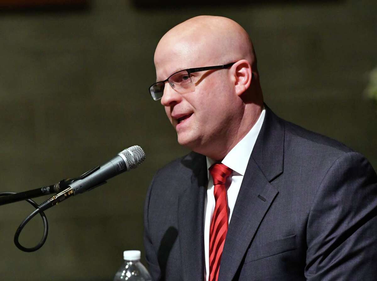 Republican incumbent Joel Abelove speaks as he and Democratic candidate Mary Pat Donnelly participate in a forum for Rensselaer County District Attorney moderated by Mary Berry, Esq. from the League of Women Voters of Albany County at the Rensselaer Polytechnic Institute Chapel on Monday, Oct. 29, 2018 in Troy, N.Y. (Lori Van Buren/Times Union)