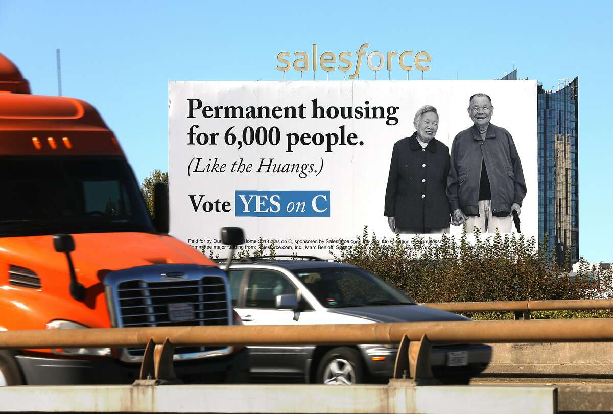 Salesforce uses a billboard to campaign for passage of local ballot measure Prop. C, which would commit the city to tax big businesses $300 million a year to pay for homeless services seen on Harrison St. on Tuesday, Oct. 30, 2018, in San Francisco, Calif.
