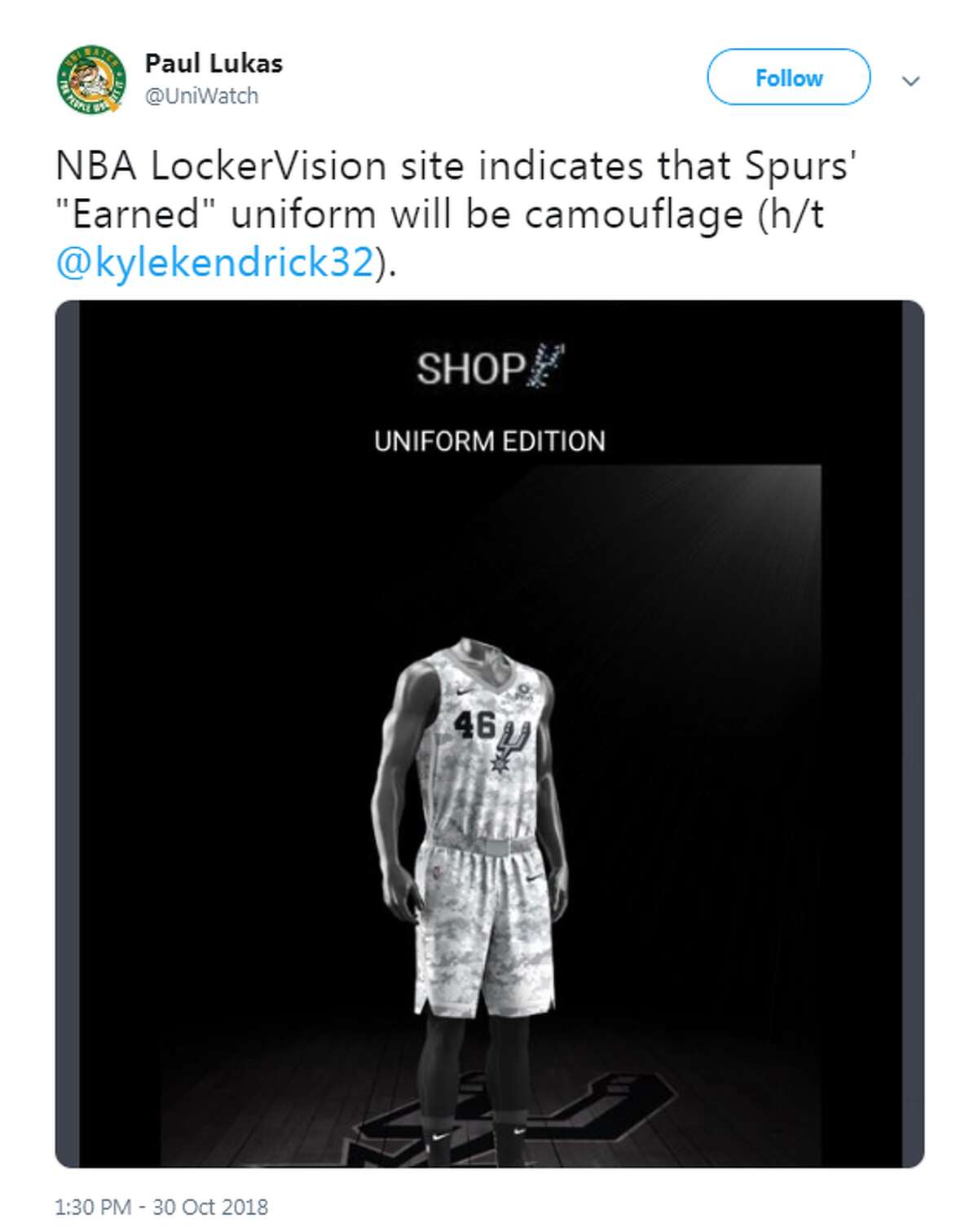 Paul Lukas (@UniWatch): NBA LockerVision site indicates that Spurs' "Earned" uniform will be camouflage (h/t @kylekendrick32).