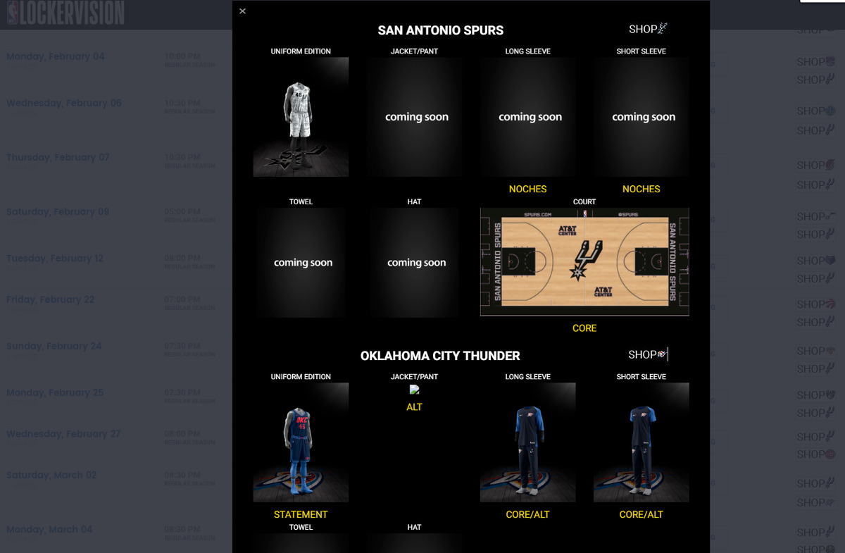 Screenshot of NBA's LockerVision, showing the game outfitting schedule for Dec. 26.