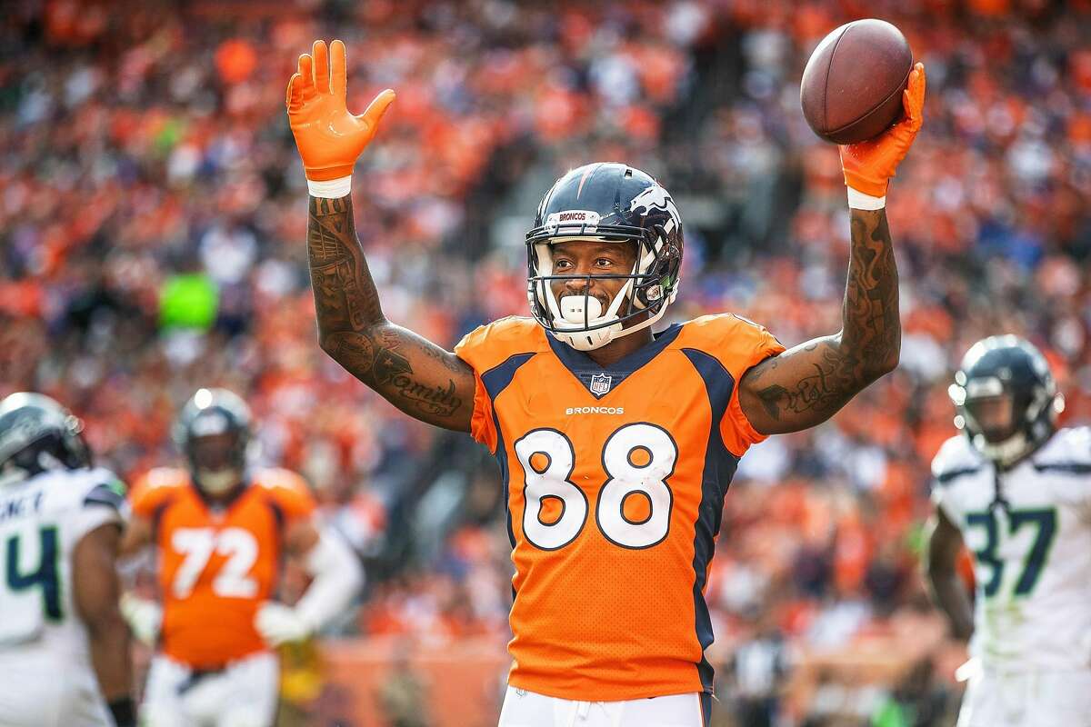 Denver Broncos wide receiver Demaryius Thomas waits for the official to rule on his 4-yard catch a touchdown in the fourth quarter against the Seattle Seahawks on Sept. 9, 2018, at Mile High Stadium in Denver.