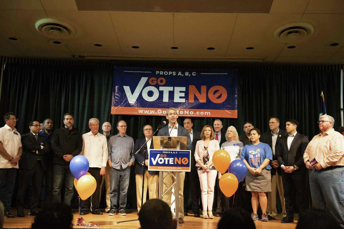 San Antonio Mayor Ron Nirenberg, flanked by politicians and business leaders, speaks during the #GoVoteNO rally in San Antonio on Saturday, September, 8, 2018 at La Villita Assembly Building. Organizers are seeking to stop propositions A, B and C that are on the November ballot.