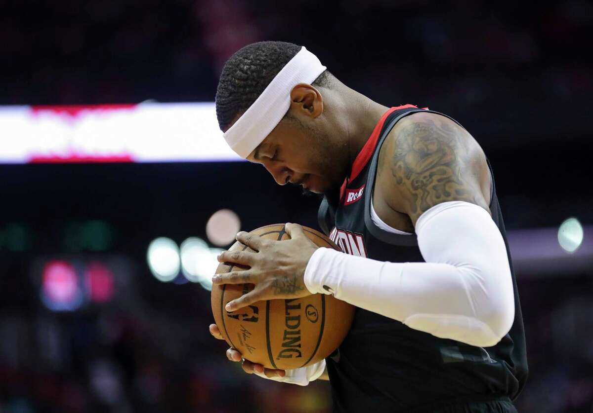 PHOTOS: Carmelo Anthony's Rockets career game-by-game  Houston Rockets forward Carmelo Anthony (7) clutches the ball before the start of an NBA game, Tuesday, Oct. 30, 2018, at Toyota Center in Houston.  >>>A game-by-game look at Carmelo Anthony's career with the Houston Rockets ... 