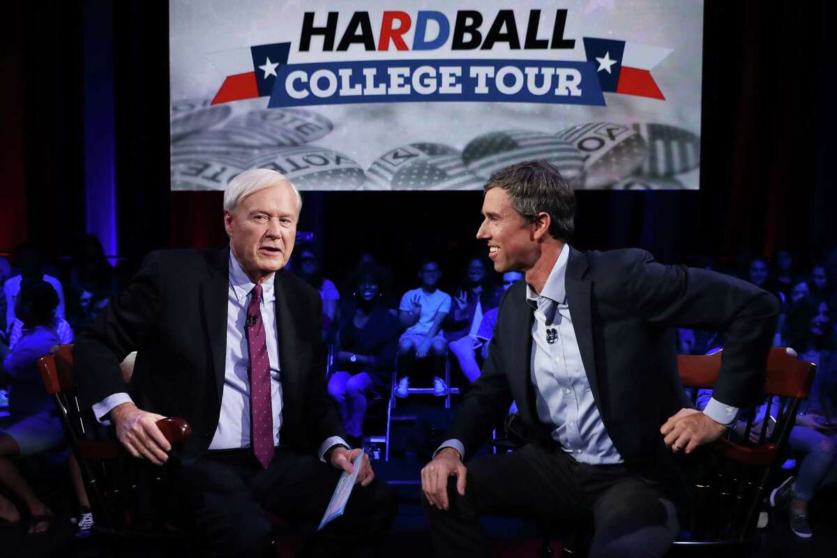 U.S. Senate candidate Rep. Beto O'Rourke (D-TX) (R) sits down for a town hall meeting with MSNBC host Chris Matthews at he Cullen Performance Center at the University of Houston October 30, 2018 in Houston, Texas.