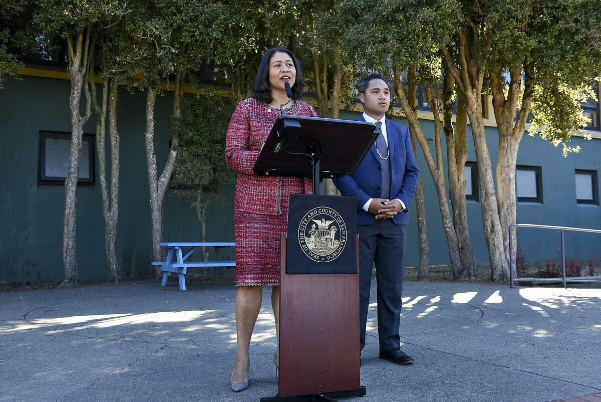 San Francisco Mayor London Breed, left, announces Faauuga Moliga's appointment to the San Francisco Board of Education during a press event held at the June Jordan School for Equity in San Francisco, Calif., on Monday October 15th, 2018.