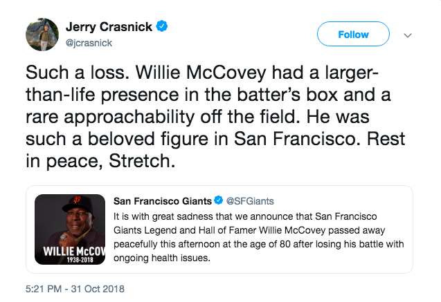 San Francisco Giants Legend Willie McCovey Passes Away