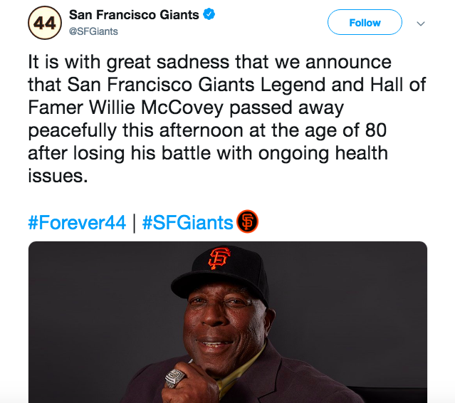 Current Giants players pay tribute to legend Willie McCovey 