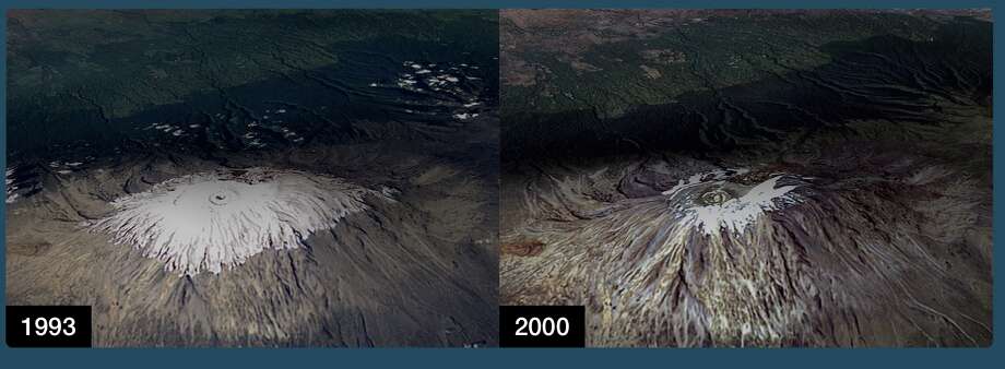 Glaciers melting away 2: This NASA photo of the Kilimanjaro Glacier tells the same story.
 Photo: NASA