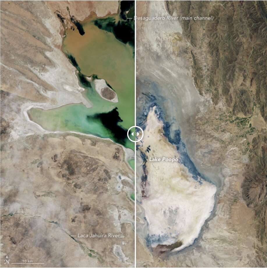 Lakes are going the way of bugs. Yes, lakes fluctuate like weather more than climate, but many are in danger of becoming like Lake Poopó, "once Bolivia’s second-largest lake and an important fishing resource for local communities," NASA explains.
Lake Poopó, the agency said, "has essentially dried up." Photo: NASA