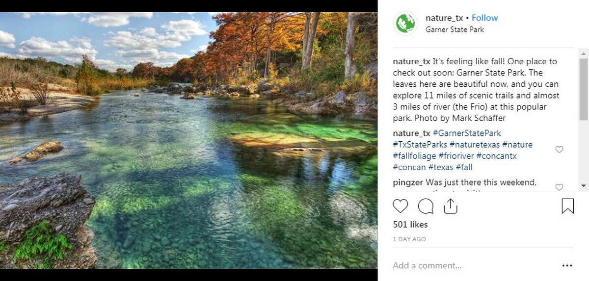 Garner State Park, Concan @nature_tx: "It's feeling like fall! One place to check out soon: Garner State Park. The leaves here are beautiful now, and you can explore 11 miles of scenic trails and almost 3 miles of river (the Frio) at this popular park. Photo by Mark Schaffer."