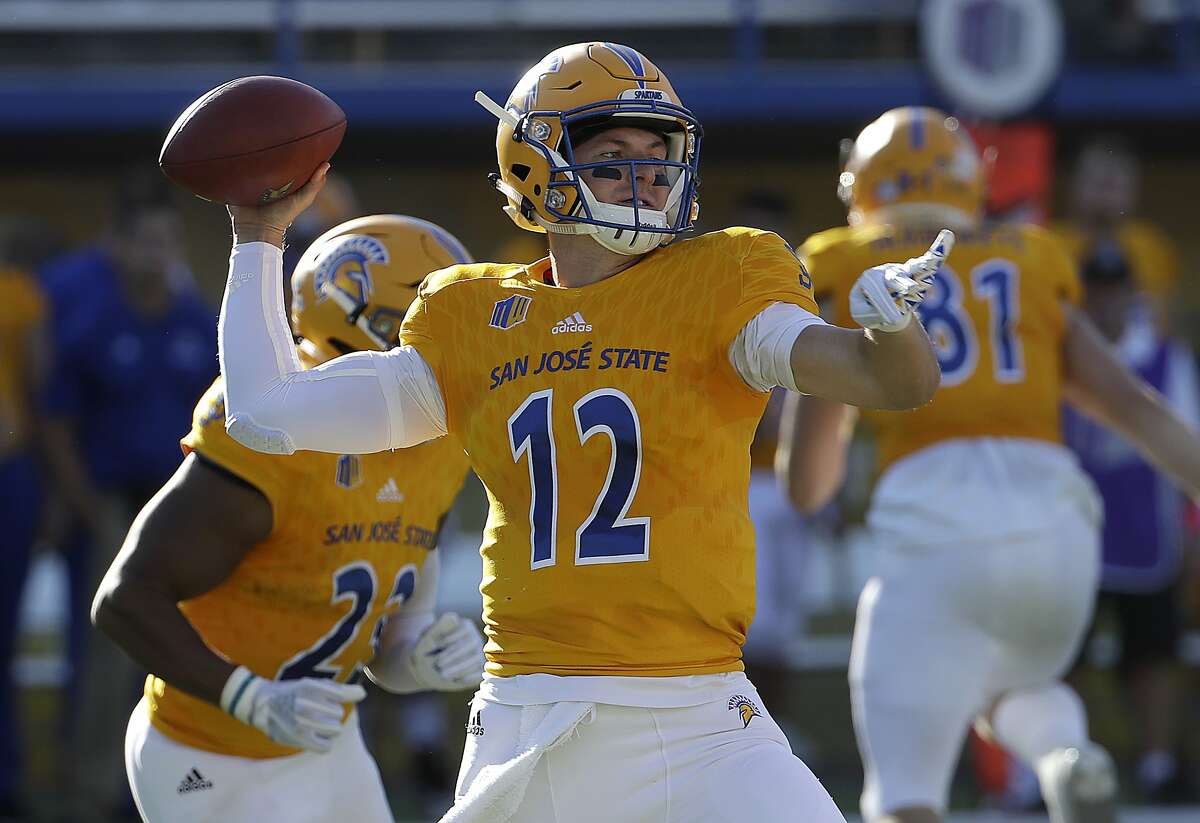 San Jose State quarterback Josh Love (12) looks to pass against UNLV during the first half of an NCAA college football game in San Jose, Calif., Saturday, Oct. 27, 2018. (AP Photo/Jeff Chiu)