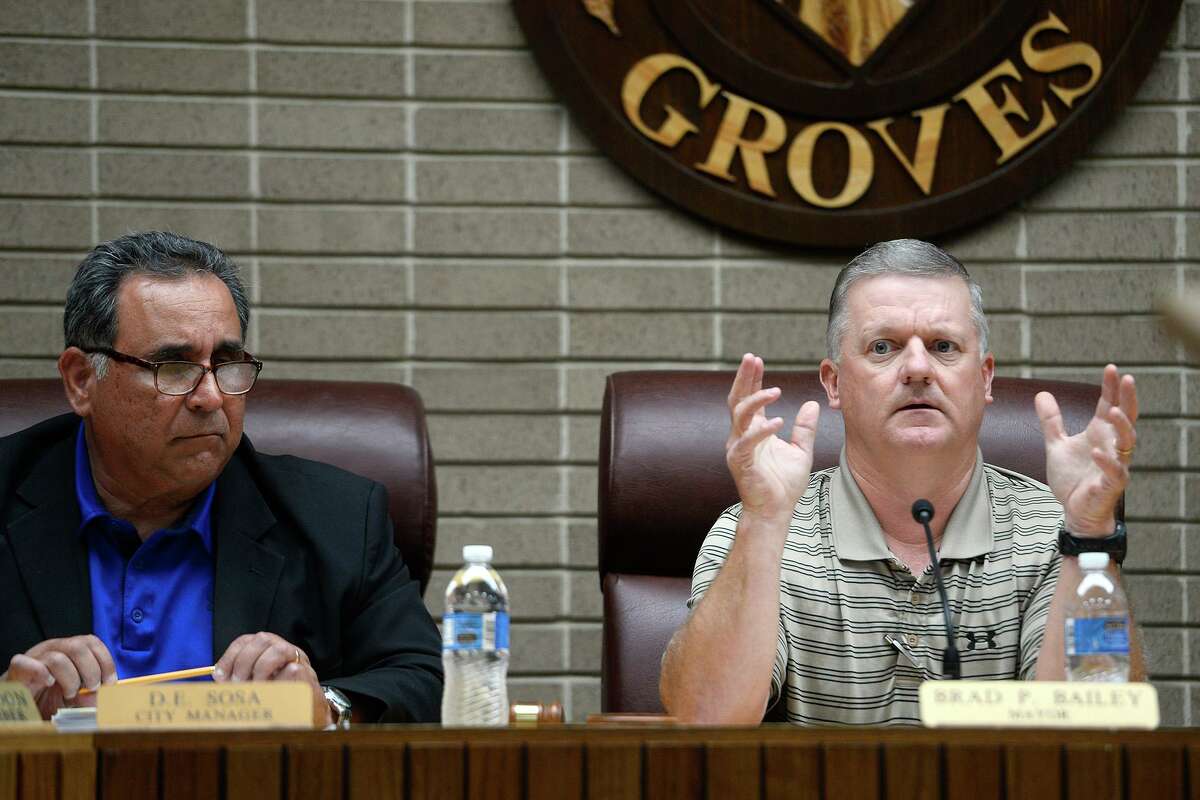 Groves Mayor Brad Bailey speaks during a City Council meeting on Monday. Bailey briefly addressed the topic of dating site photos of councilman Cross Coburn that were anonymously sent to the city and news outlets. Photo taken Monday 3/19/18 Ryan Pelham/The Enterprise