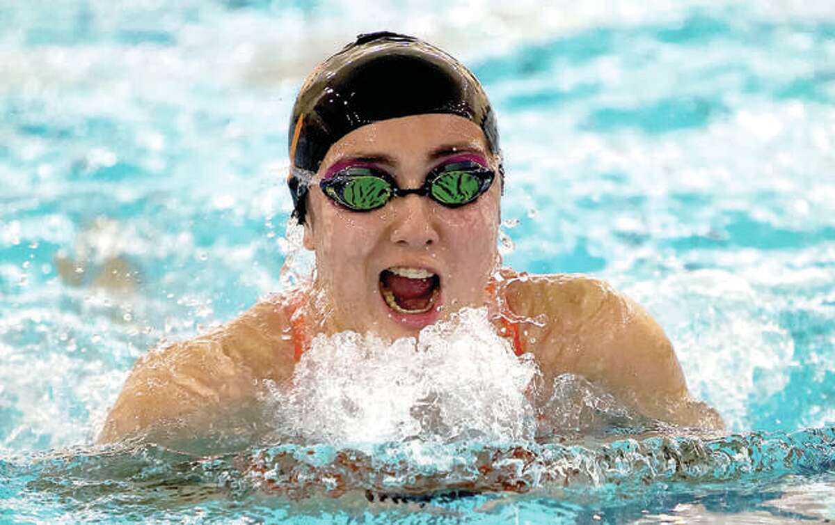 Edwardsville’s Olivia Ramirez was a winner in the 100-yard breaststroke Thursday at the Southern Illinois Championship meet at the Chuck Fruit Aquatic Center.
