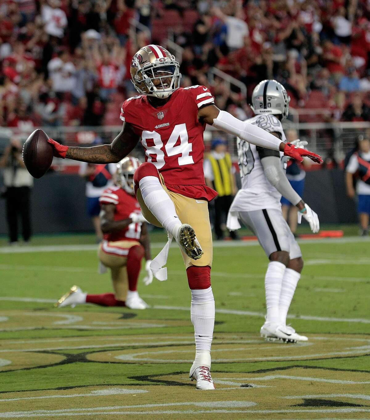 September 30, 2018 San Francisco 49ers wide receiver Kendrick Bourne (84)  celebrates a catch during the football game between the San Francisco 49ers  and the Los Angeles Chargers at the StubHub Center