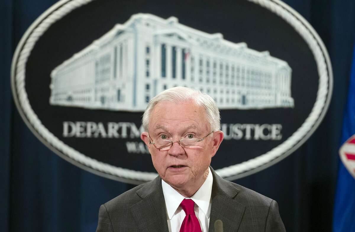 FILE - In this Oct. 26, 2018, file photo, Attorney General Jeff Sessions pauses before speaking during a news conference at the Department of Justice in Washington. A U.S. judge Thursday, Nov. 1, 2018, struck down a California law challenged by the Trump administration that aimed to give the state power to override the sale of federal lands. "The court's ruling is a firm rejection of California's assertion that, by legislation, it could dictate how and when the federal government sells federal land," Attorney General Jeff Sessions said in a statement. "This was a stunning assertion of constitutional power by California, and it was properly and promptly dismissed by the district judge." (AP Photo/Alex Brandon, File)