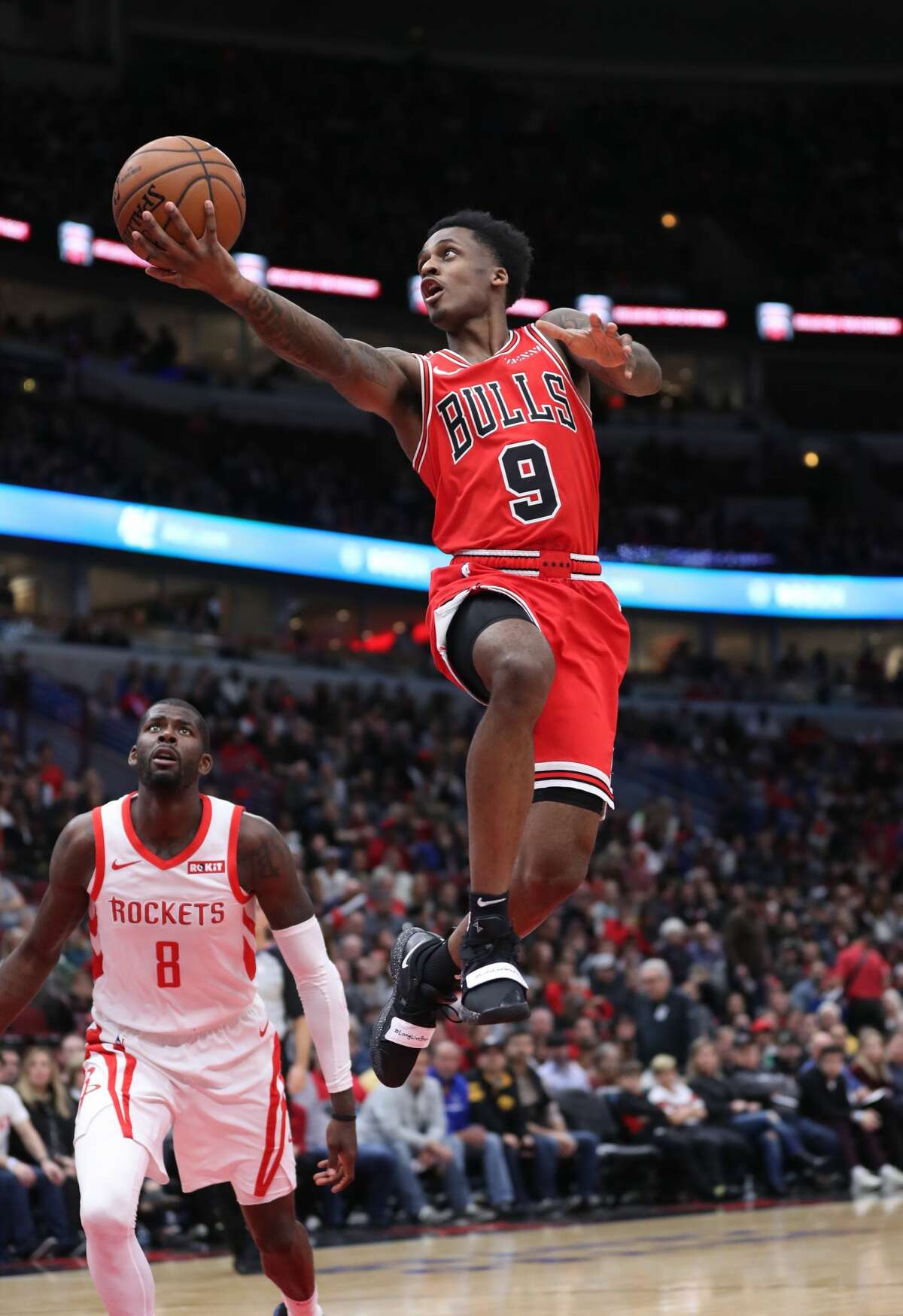 Chicago Bulls guard Antonio Blakeney (9) rises for a basket in the second quarter against the Houston Rockets at the United Center Saturday, Nov. 3, 2018, in Chicago. The Rockets beat the Bulls 96-88. (John J. Kim/Chicago Tribune/TNS)