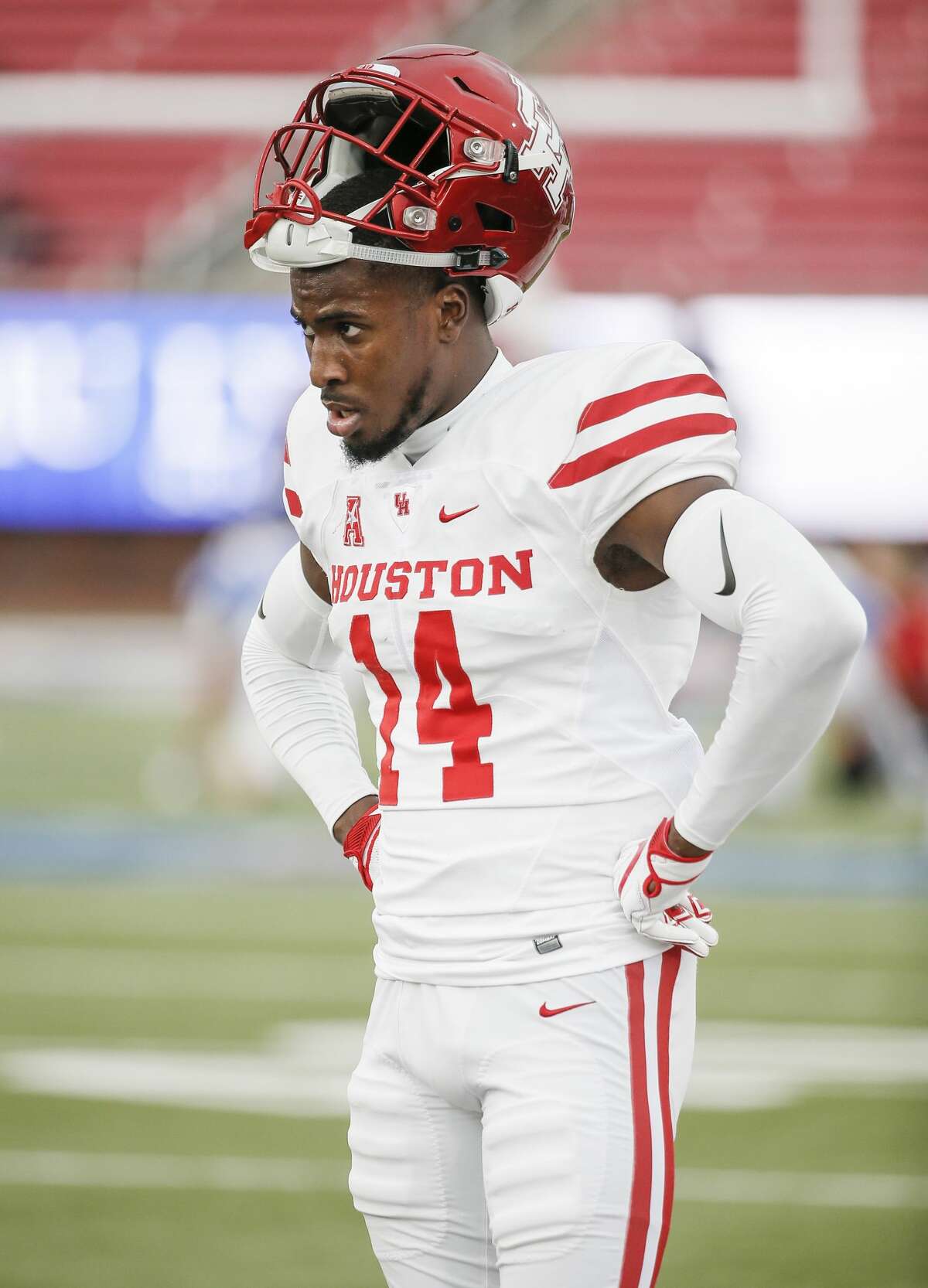 Houston cornerback Isaiah Johnson (14) during warmups before an NCAA college football game against Houston, Saturday, Nov. 3, 2018, in Dallas. (AP Photo/Brandon Wade)