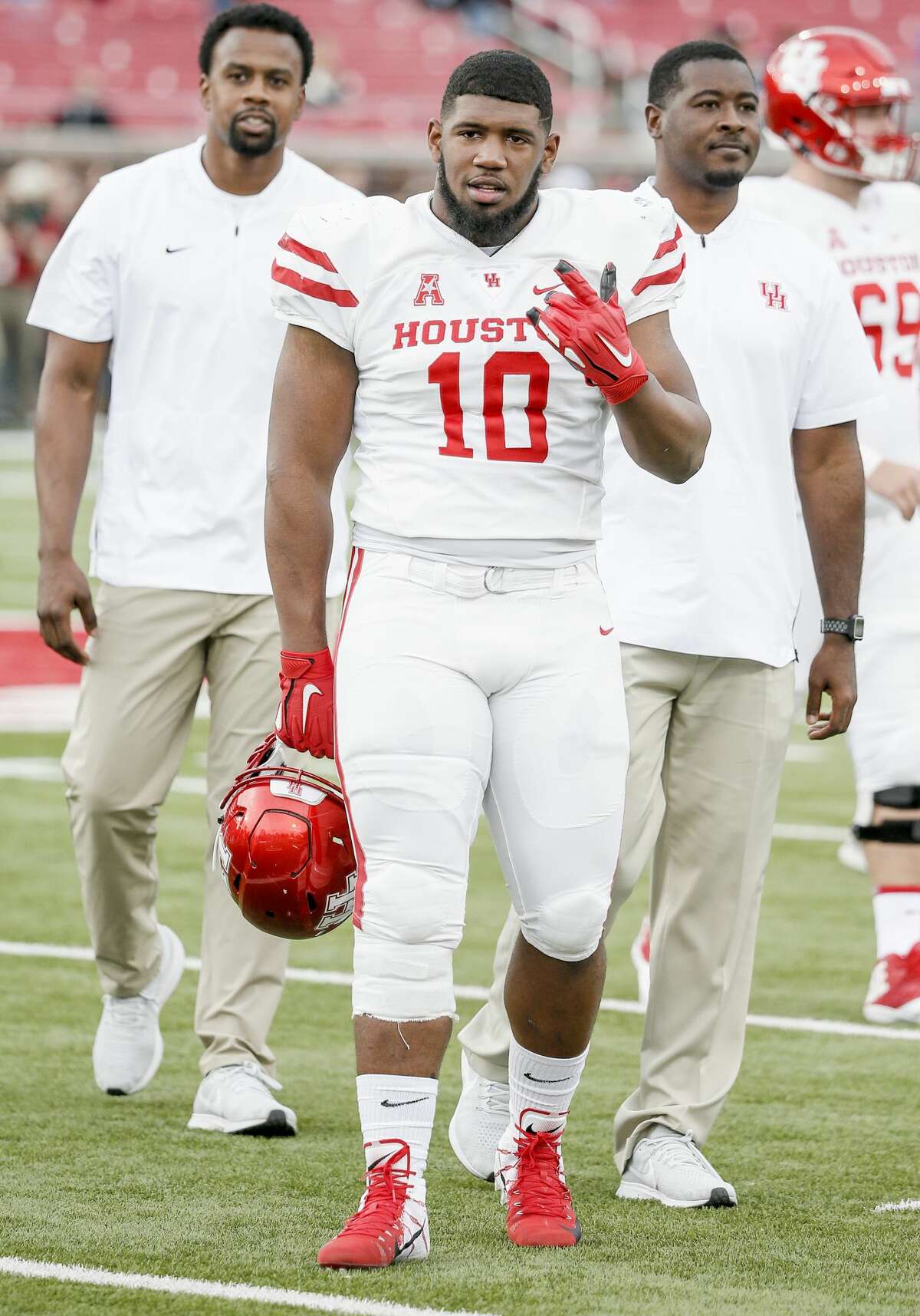 Houston defensive tackle Ed Oliver (10) during warmups before an NCAA college football game against Houston, Saturday, Nov. 3, 2018, in Dallas. (AP Photo/Brandon Wade)