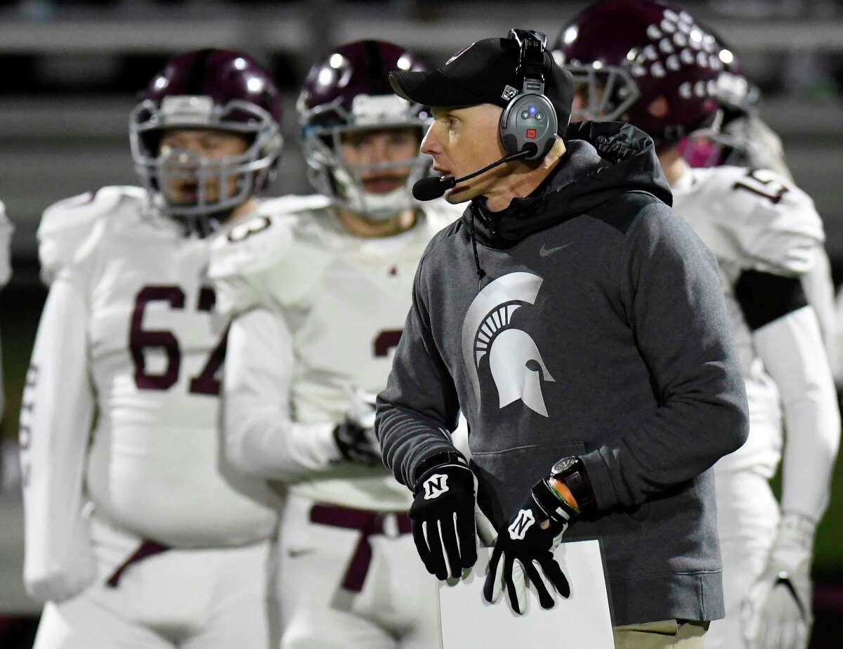 Burnt Hills-Ballston Lake head coach Matt Shell instructs his players against Queensbury during the first half of a Section II Class A High School Super Bowl football game Saturday, Nov. 3, 2018, in Clifton Park, N.Y. (Hans Pennink / Special to the Times Union)
