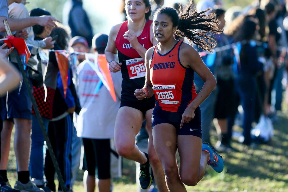 Brandeis' Taigen Galvan runs in the Girls 6A 5K during the UIL state cross country championships at Old Settlers Park in Round Rock on Saturday, Nov. 3, 2018. Galvan finished 36th in the event.