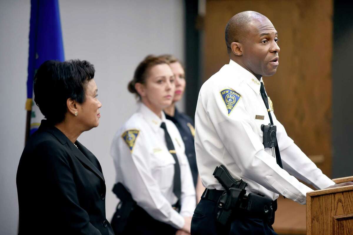 New Haven Police Chief Anthony Campbell (right) in the New Haven Police Department in 2017.