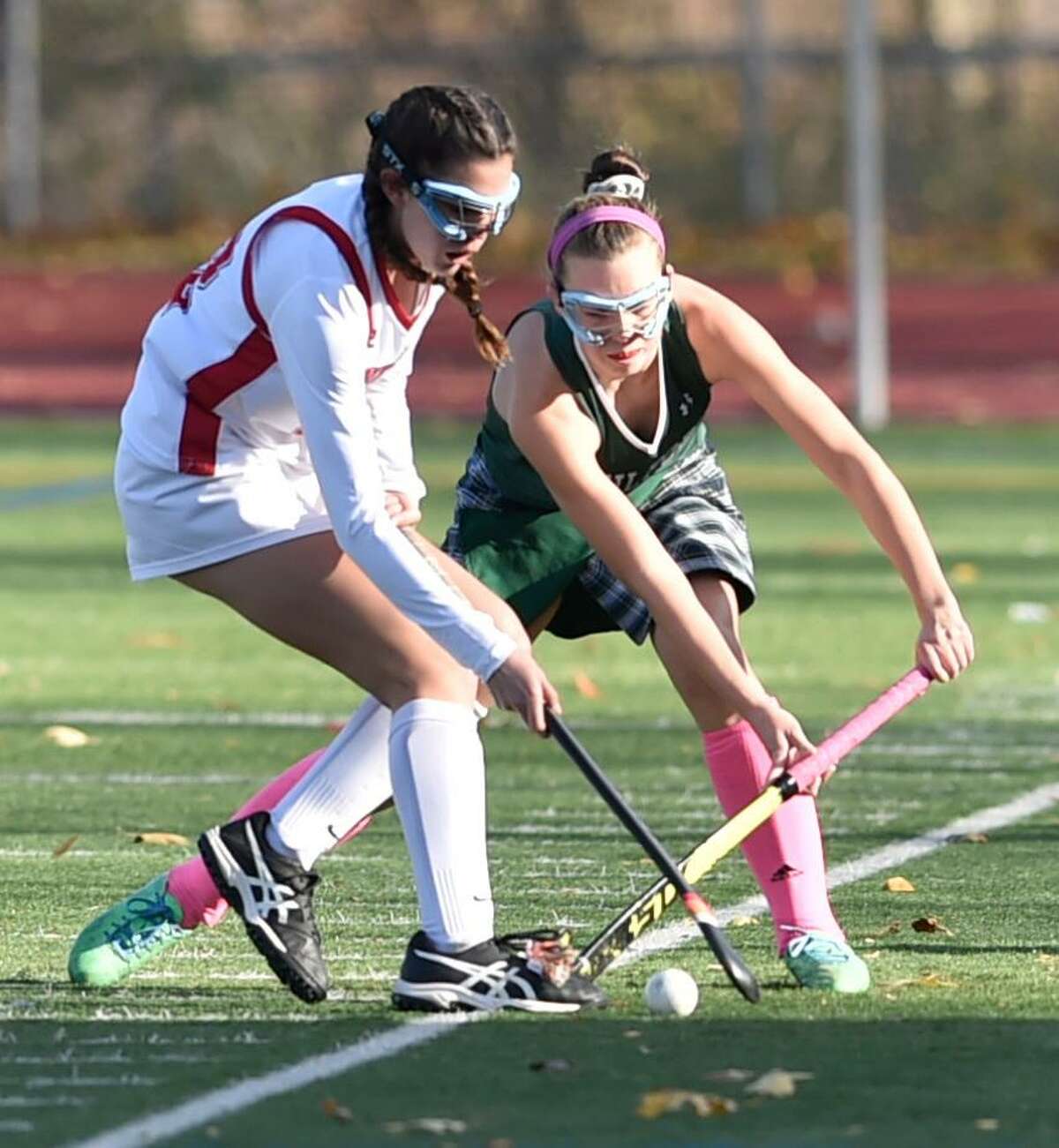 Guilford, Connecticut - Saturday, November 3, 2018: #1 Cheshire H.S. vs. #2 Guilford during first half action of the SCC Field Hockey Championship Final Saturday at Guilford H.S.
